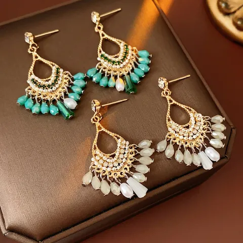 Boucles D'oreilles Bohèmes À Franges Alliage Strass Perles De Verre Style Ethnique Bijoux Avec Tige En Argent Pour Femmes