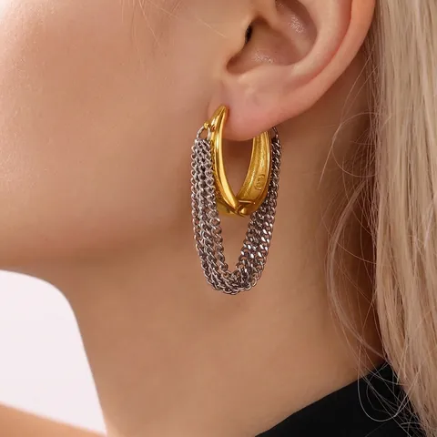 Stainless Steel Tassel Earrings Multi Layer Chain Hoop Western Style Fashion Jewelry For Women
