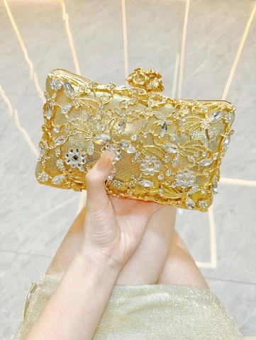 Luxe Holle Metalen Strass Avond Clutch Tas Goud Bloem Sluiting Voor Bruiloft Feest Diner Banket Elegante Vrouwen