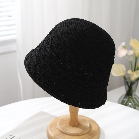 Women Knitted Bucket Hat Hollow Pointelle Sun Protection Breathable Retro Elegant Summer Beach Cloche Hat