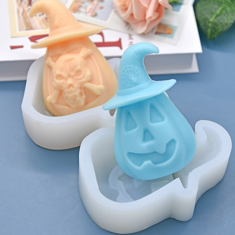 Halloween Silikonform Gespenst Schädel Kürbis Mit Zauberhut Für DIY Backen Kerze Seifenherstellung Neuheit
