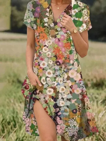 Damen Sommer Blumenmuster Kurzarm Kleid Bohemian V-Ausschnitt Midi A-Linien-Kleid Casual Polyester Strand Urlaub Druckkleid