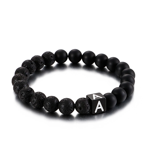 Bracelet Perles Pierre De Lave Et Agate Charme Lettre Initiale Acier Inoxydable Bijou Unisexe Minimaliste