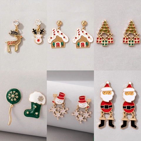 Christmas Stud Drop Earrings Alloy Enamel Rhinestone Santa Reindeer Snowman Tree Gingerbread House Stainless Steel Post