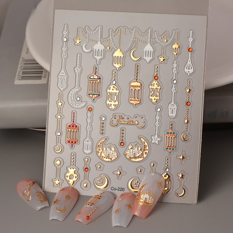 5D Geprägte Nagelsticker Gold Ramadan Laterne Mond Stern Muster Wasserdicht Selbstklebend Maniküre Dekoration Frauen