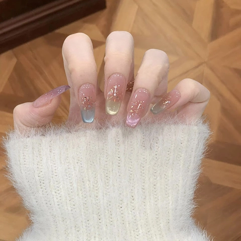 Cat Eye Press On Nägel Langer Sarg Regenbogen Verlauf Glänzender Feiner Glitzer Falsche Nägel Für Frauen Süße Maniküre