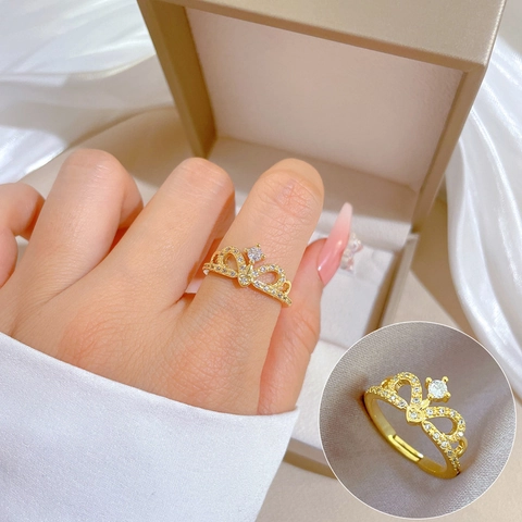 Crown Ring Hollow Gold Plated Brass Cubic Zirconia Adjustable Open Jewelry Wedding Engagement For Women Simple Elegant