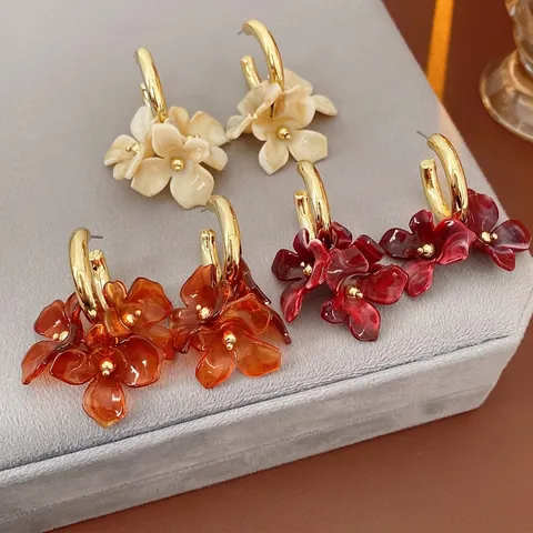 Bloem Hoop Oorbellen Met Hars Bloemblaadjes Legering Ring En Zilveren Oorsteker Vintage Florale Sieraden Voor Dames