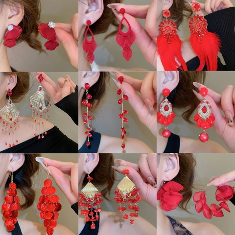 Red Dangle Drop Earrings For Women With 925 Sterling Silver Earring Post Alloy Zirconia Vintage Floral Heart Tassel
