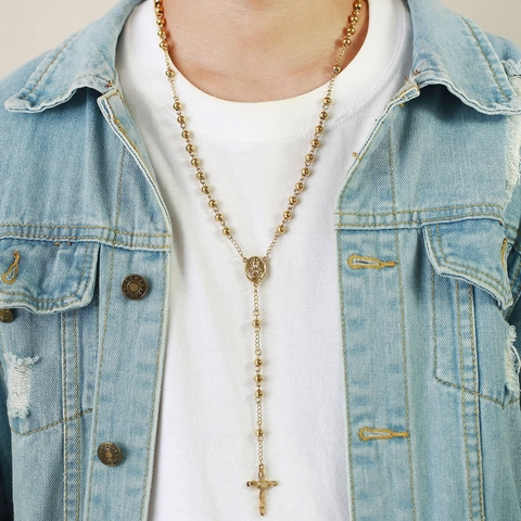Collar De Rosario Con Colgante De Cruz Acero De Titanio Chapado En Oro Cadena De Cuentas Joyería Religiosa Para Hombres Mujeres