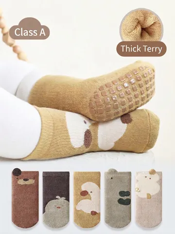Rutschfeste Verdickte Frottee Babysocken Cartoon Tier Muster Gekämmte Baumwolle Kleinkind Lauflernsocken Warme Haussocken Für Kinder