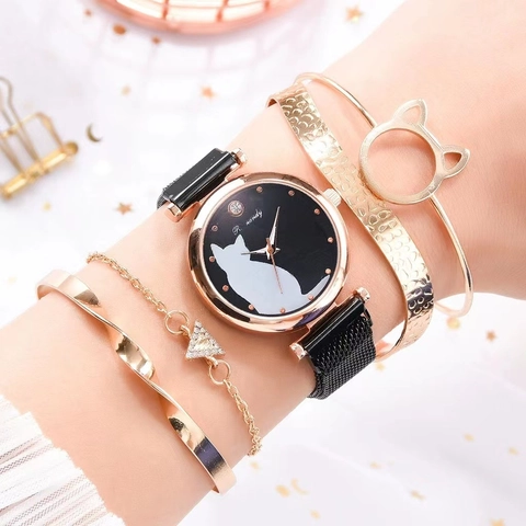 Women Cat Silhouette Quartz Watch With Magnetic Milanese Band Rhinestone Dial Fashion Alloy Bracelet Gift Jewelry Set