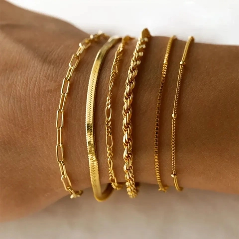Pulsera De Acero Inoxidable Minimalista Chapada En Oro Cadena Delgada Clip Serpiente Fígaro Cuenta Giro Ajustable Para Mujeres