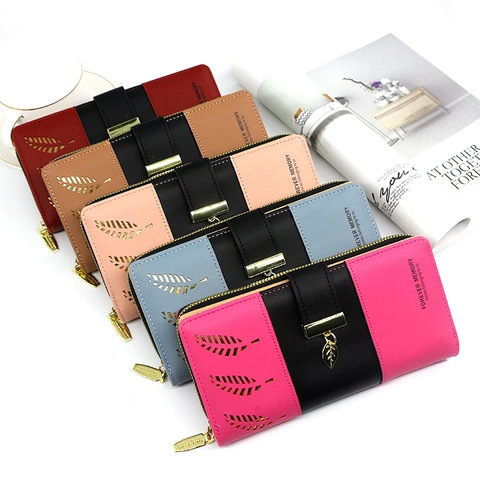Damen Geldbörse Lang PU Leder Hohl Blatt Design Patchwork Farbe Zweifach Gefaltet Handtasche Mit Blattanhänger