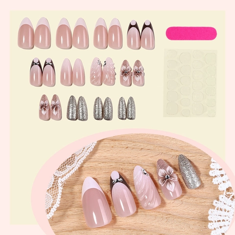 3D Mandel Druck Auf Nägel Französisch Rosa Farbverlauf Blumen Relief Künstliche Perle Rhinestone Silber Glitzer Elegante Künstliche Nägel