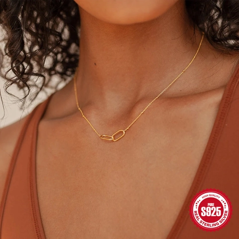 Minimalist 925 Sterling Silver U Shaped Double Ring Pendant Necklace For Women Gold Silver Plated Fashion Bead Chain Jewelry