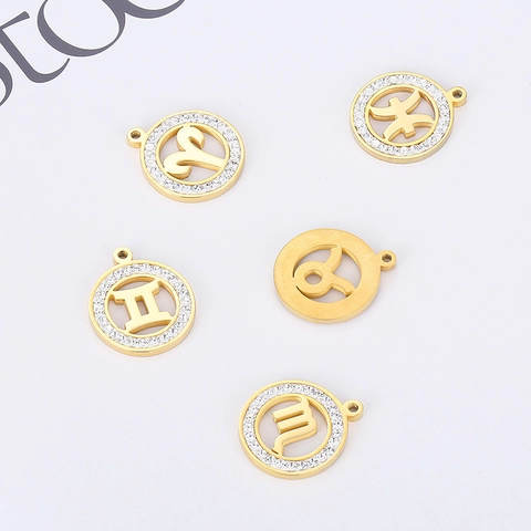 Dijes De Signos Del Zodiaco Acero Inoxidable Diamantes De Imitación Circular Recortado Constelación Colgantes Para Joyería