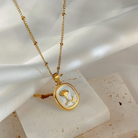 Rose Flower Oval Pendant Necklace Stainless Steel White Enamel Gold Plated Rhinestone French Vintage Elegant Jewelry For Women