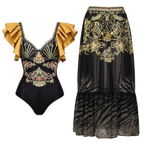 Baroque Print Swimsuit And Sarong Ruffle Deep V-Neck Black Gold Leopard Bathing Suit Women Beachwear