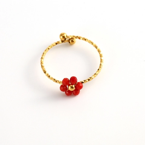 Bloem Ring Roestvrij Staal Verguld Natuursteen Kralen Verstelbaar Getextureerde Band Mode Elegante Sieraden Voor Vrouwen