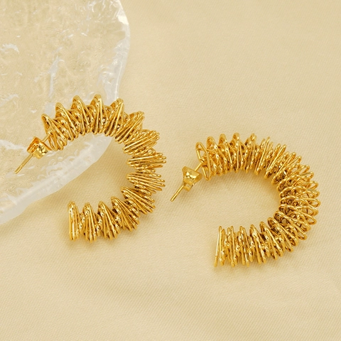 Stainless Steel C Shape Hoop Earrings 18K Gold Plated Spiral Woven Texture Retro Minimalist Style For Women