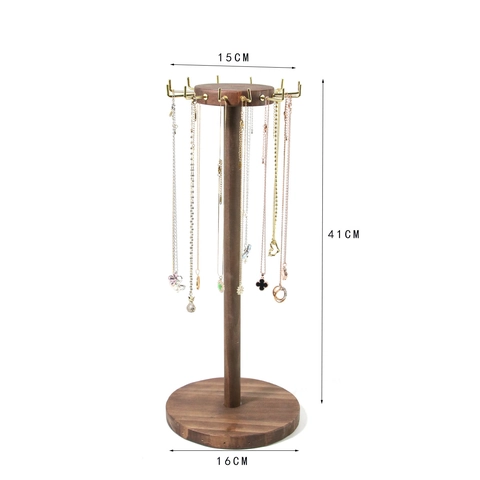 Solid Wood Jewelry Display Stand Necklace Holder Bracelet Rack Gold Metal Hooks Round Base Walnut Natural Color