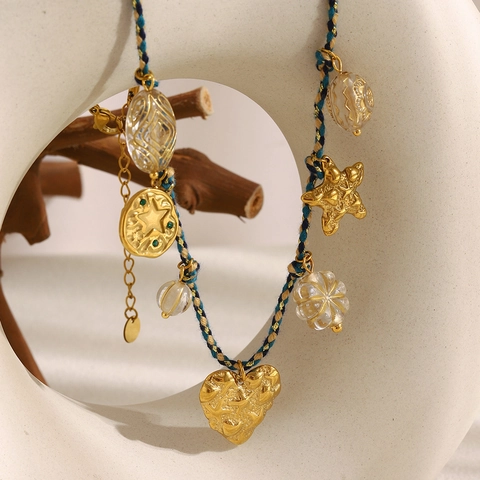 Collier Pendentif Étoile Cœur Acier Inoxydable Plaqué Or 18K Corde Tissée Vintage Bohème Perles Colorées Bijoux Pour Femmes