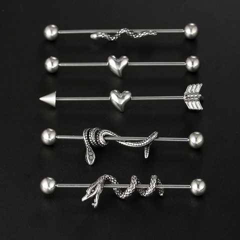 Industrial Barbell Piercing Earring Stainless Steel Snake Heart Arrow Cartilage Stud Jewelry Punk Gothic Style For Women Men