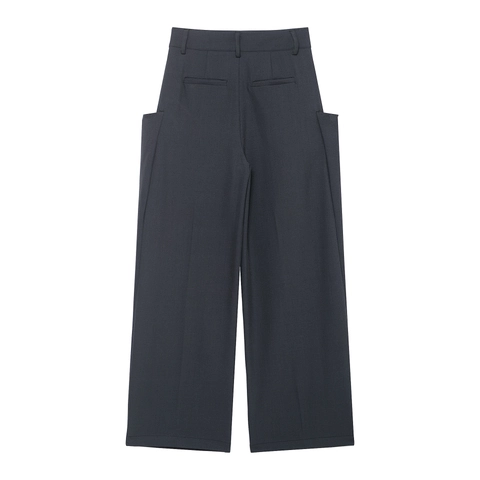 Women High Waist Wide Leg Pants Polyester Solid Color Casual Trousers With Large Arc Pockets Modern Minimalist Fashion