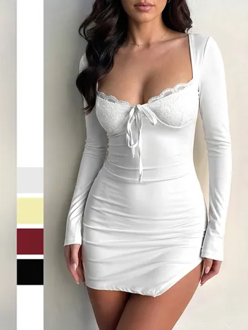 Damen Langarm Minikleid Strick Viscose Spitzenbesatz Vorne Schleife Sexy Y2K Bodycon Slim Fit Seitenschlitz Einfarbig