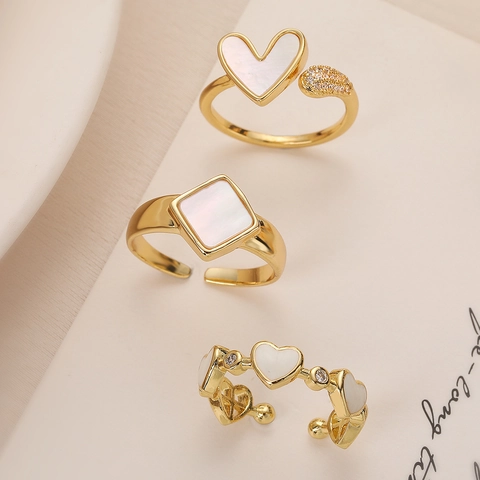 Herzform Verstellbarer Ring Kupfer Vergoldet Mit Perlmutt Zirkon Geometrischer Minimalistischer Damenschmuck