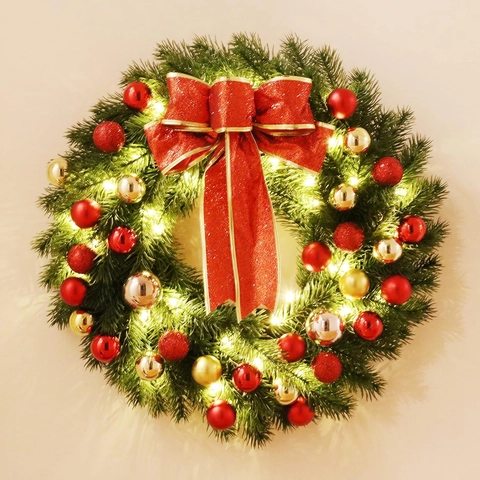 Artificial Christmas Wreath With Warm LED Lights PE Pine Needles Ribbon Ornaments For Front Door Holiday Home Wall Decor