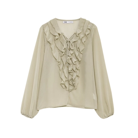 Dames Chiffon Blouse V-Hals Ruches Vetersluiting Transparant Lange Lantaarnmouwen Elegant Zoet Streetwear Top