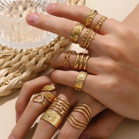 Boho Verstellbarer Offener Ring 18K Vergoldeter Edelstahl Schlange Herz Stern Böser Blick Retro Vintage Schmuck Damen