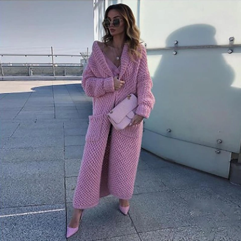 Women Long Chunky Knit Cardigan Polyester Open Front Side Pockets Loose Casual Solid Color Warm Lapel Sweater Coat