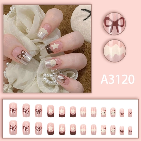 Short Square Round Press On Nails Cute Cat Bow Stars Pattern Cream Pink Brown Sweet Kawaii Full Cover False Nails
