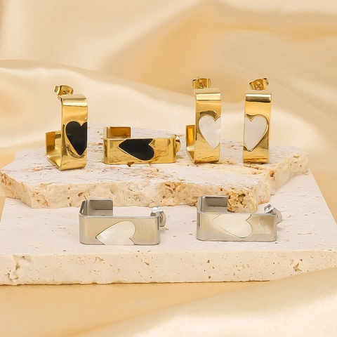 Rectangular Hoop Earrings 18K Gold Plated Stainless Steel Heart Mother Of Artificial Pearl Inlay Geometric With Earring Post