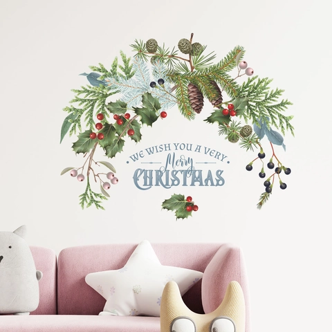 Christmas Wall Sticker PVC Pine Branch Pine Cone Berry Wreath Merry Christmas Lettering Window Glass Decal Home Decor