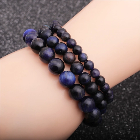 Blue Tiger Eye Stone Beaded Bracelet Elastic Hand Chain Jewelry For Men And Women Round Beads Healing Energy Gift