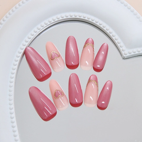 Handmade Press On Nails Almond Pink Cat Eye Gold Heart French Design Glossy ABS Artificial Fingernails For Women Elegant Manicure
