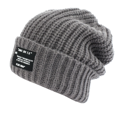 Beanie Hat Knit Acrylic Warm Winter Japanese Retro Style Letter Patch Soft Chunky Ribbed Cold Weather Accessory