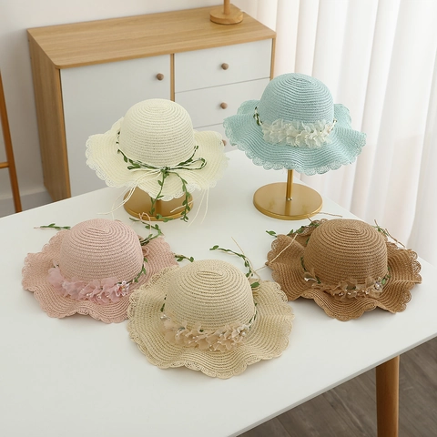 Cappello Di Paglia Per Bambini Ragazze Fiore In Chiffon Perla Artificial Bordo Ondulato Estate Spiaggia Traspirante Dolce