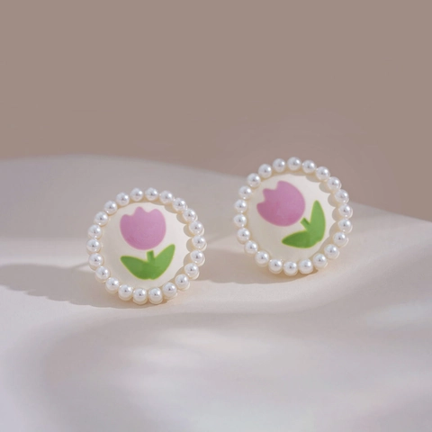 Orecchini Tondi In Smalto Tulipano Con Bordo In Künstliche Perle Lega Stile Francese Vintage Elegante Clip Su Accessorio Per Donne