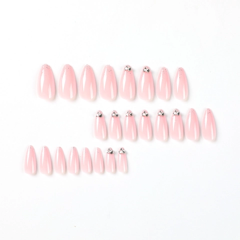 Press On Nails Rhinestone Glitter Nude Pink French Style Almond Shape Artificial Long Fingernails For Women Elegant Manicure