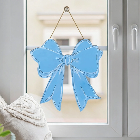 Blue Bow Wooden Hanging Sign Poplar Wood Wall Decor With Jute Rope For Girl Room Cute Preppy Style Home Art