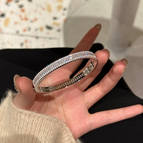 Pulsera Hebilla Círculo Geométrico De Zircón Tono Plateado Brillante Brazalete Moda Joyería Elegante Lujo Para Mujeres