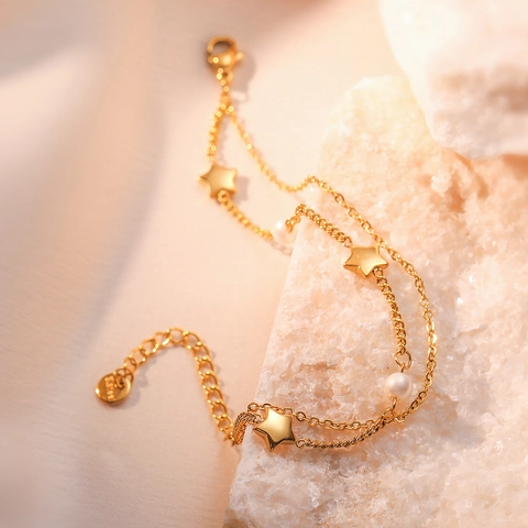 Bracciale Doppio Strato In Acciaio Inossidabile Ciondoli Cuore Stella E Perla Artificial Placcato Oro Gioielli Di Moda Per Donna Elegante