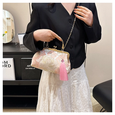 Sac À Main Brodé Style Chinois Vintage Avec Chaîne Gland Sac Bandoulière Pochette Pour Femme