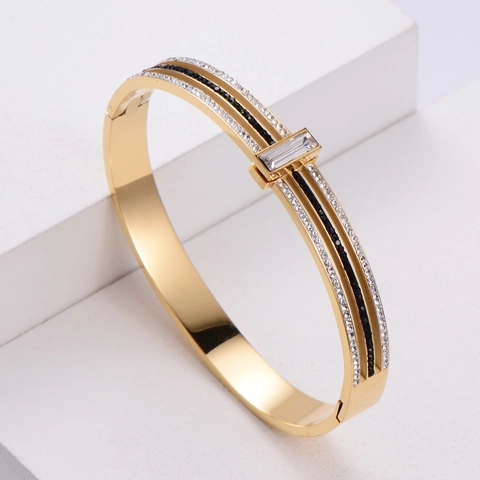 Modieuze Armband Titanium Roestvrij Staal Gesp Dubbele Rij Zwarte Witte Zirconia Baguette Kristal Voor Vrouwen