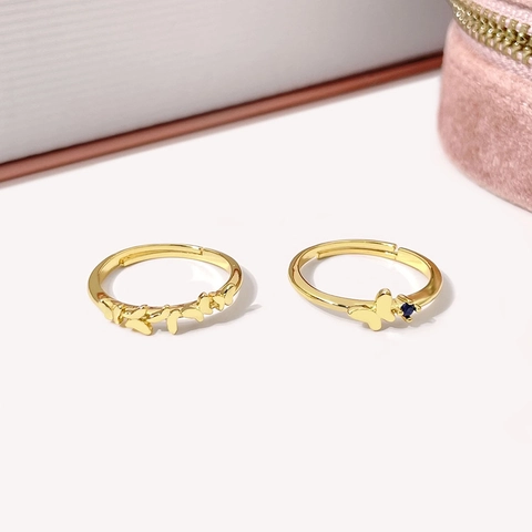 Bague Ouverte Papillon en Cuivre Plaqué Or 18K pour Femmes Ajustable avec Zirconia Bleu Incrusté Bijoux Animaux Doux Minimalistes